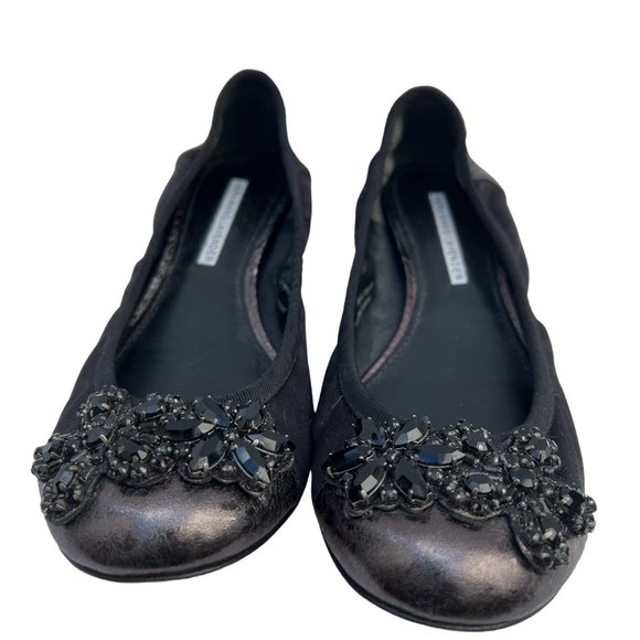 Vera Wang Lavender Vero Cuoio  Ballet Flats Black Leather Jewled  S 7M - Picture 1 of 7